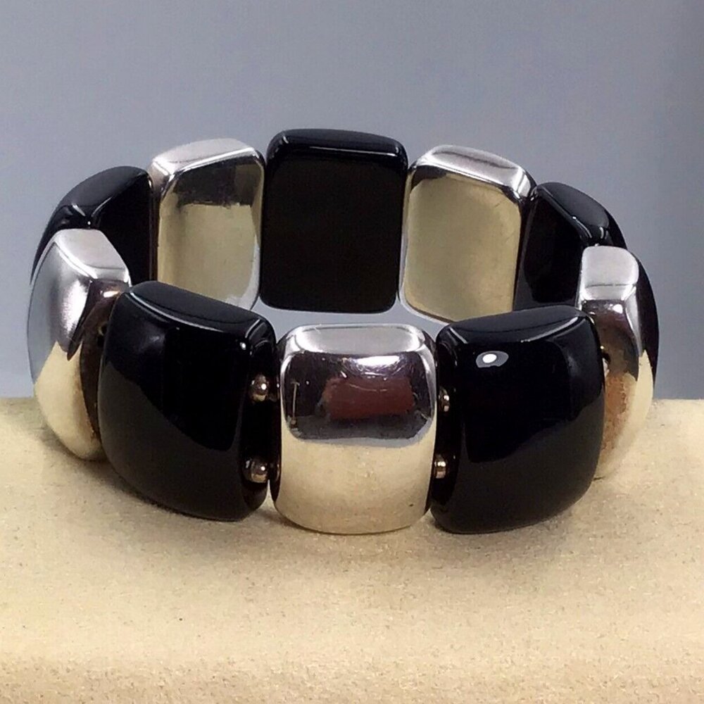 Sterling Silver Black Onyx Stretchy Bracelet Size 5.75